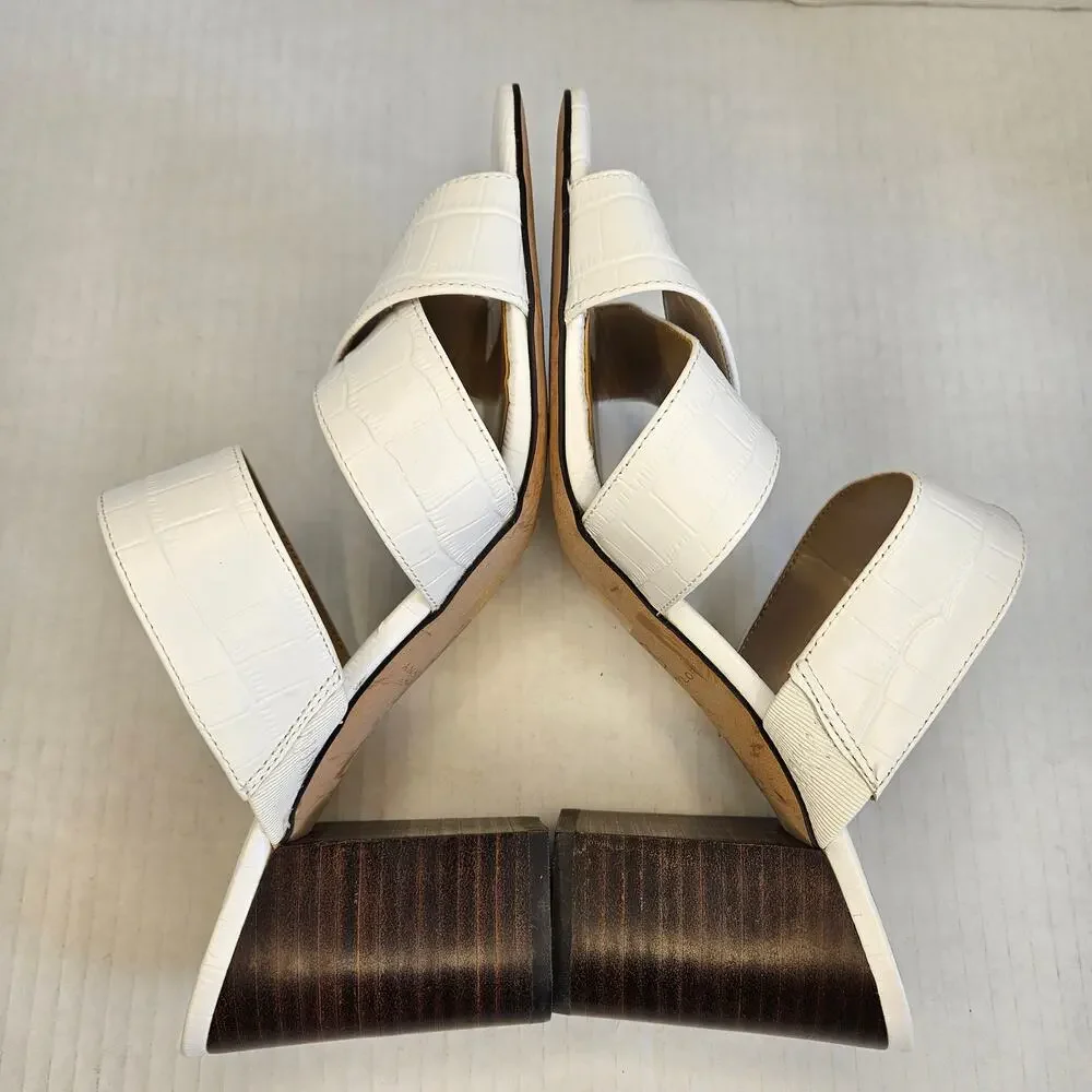 Ann Taylor‎ White Leather Croc Embossed Sandals With Stacked Block Heel Size 9M